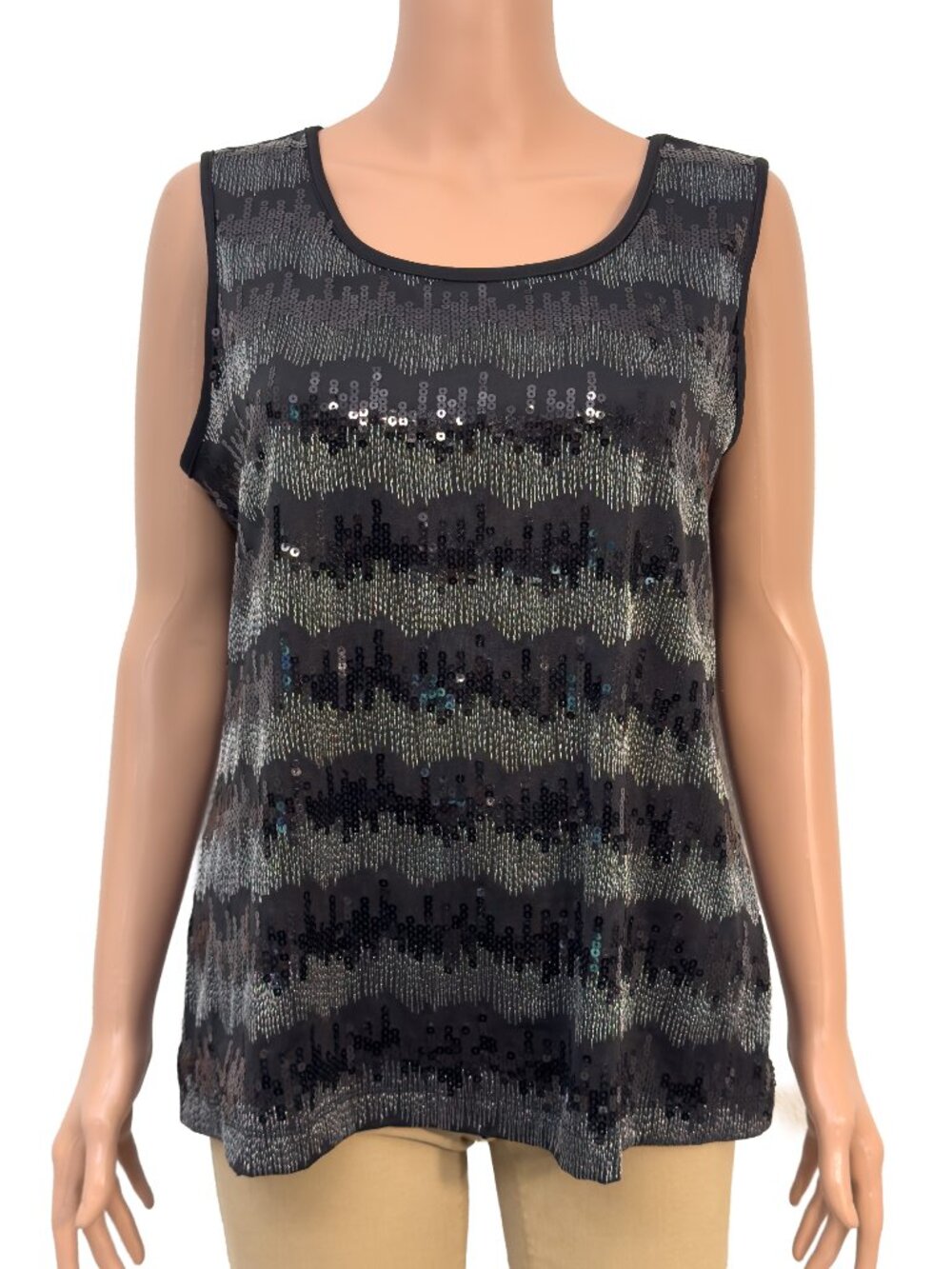 NY Collection Women’s Large Chevron Embroidered Sequin Black Sleeveless Top